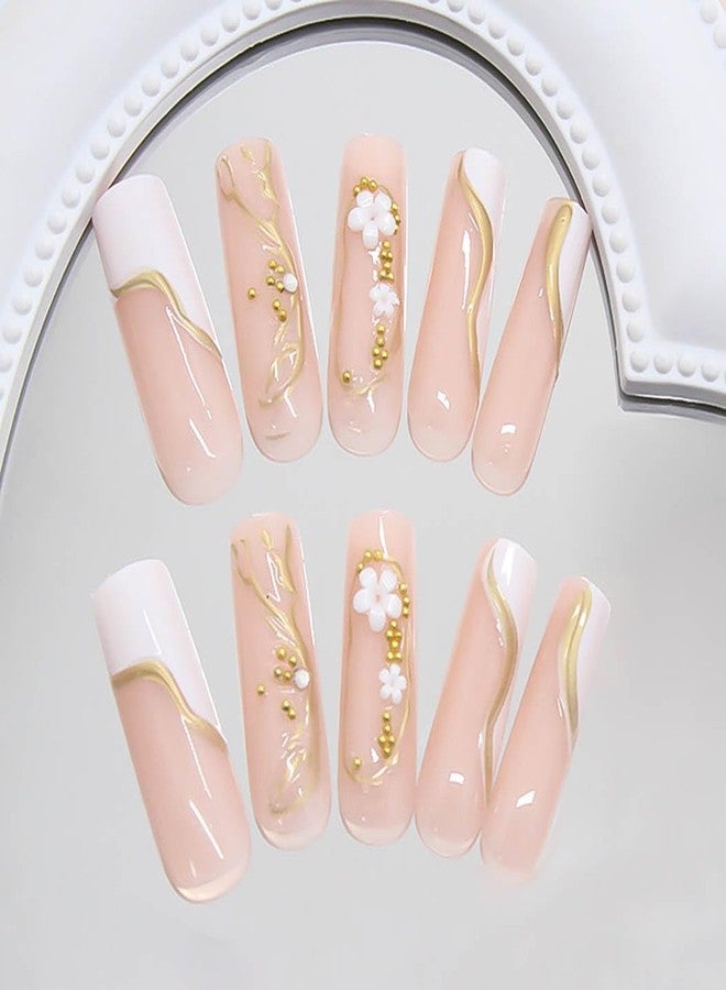 RikView Coffin Press on Nails Long Fake Nails with 3D Flowers Design Golden Nails Glossy Full Cover Nails for Women 24 PCs/Set - Image 2
